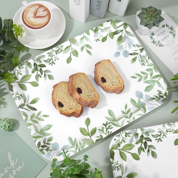 Whaline 3Pcs Greenery Serving Trays Reusable Melamine Platters Green Leaves - Image 5
