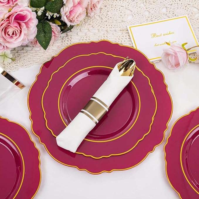 350PCS Red Plastic Plates-Disposable Burgundy Red and Gold Plates 50guest - Image 7