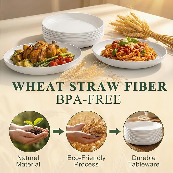 Wheat Straw Plates 9 Inch, Unbreakable & Reusable Plastic Plates Set of 8 - Image 3