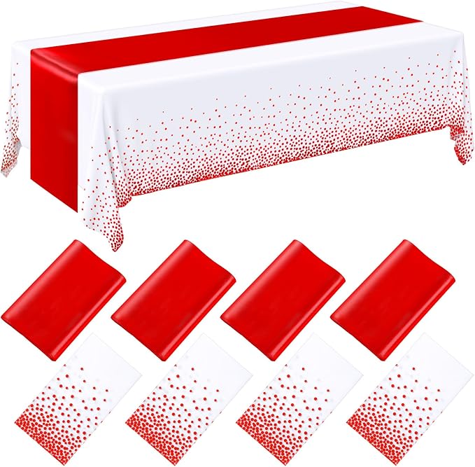 8 Pack White and Red Disposable Plastic Tablecloths and Satin Table Runner Set by Breling