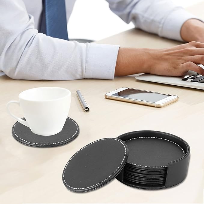 Set of 6 Round Leather Bar Coasters - Image 2