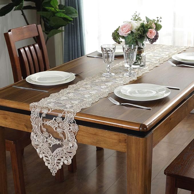 ARTABLE Champagne Lace Table Runner Macrame Dresser Scarf 10 x 47 Inch | - Image 3