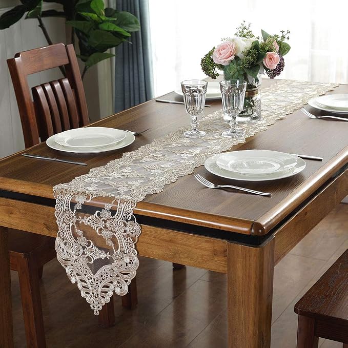 ARTABLE Champagne Lace Table Runner Macrame Dresser Scarf 10 x 70 Inch | - Image 2