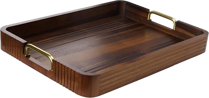 Acacia Wood Serving Tray with Metal Handles, Decorative Coffee Table Tray & - Image 8
