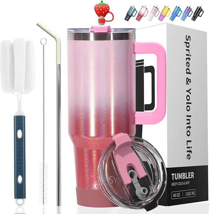 40 oz Shiny Tumbler with Handle and Straw, Stainless Steel Tumbler with Lid and by Watersy