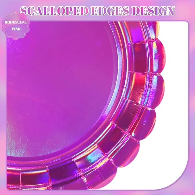 NatNarr 30 Pk Iridescent Pink Plates 9" Holographic Dessert Cake Plates | - Image 3