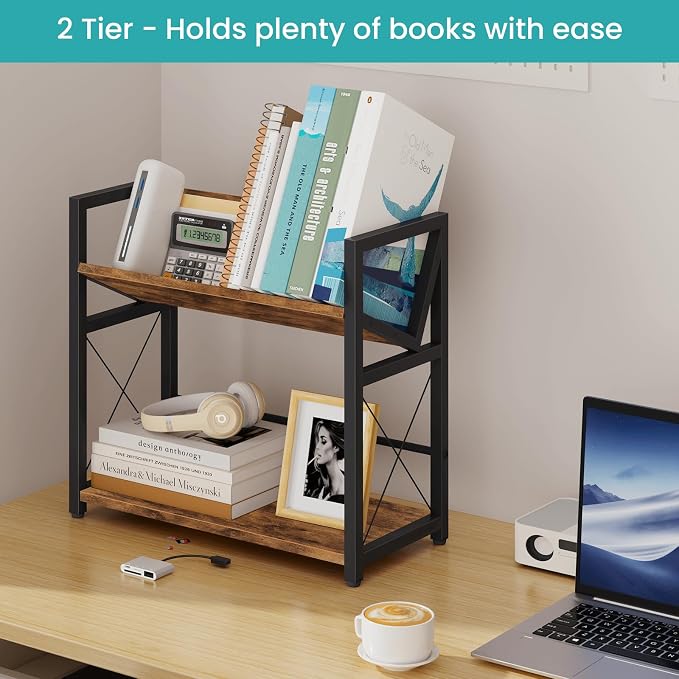 ELITEROO Desktop Bookshelf, 2 Tier Desk Shelf Organizer, Wooden Tabletop - Image 4