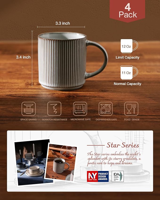 famiware Coffee Mug Set for 4, Star 12 oz Catering Mugs Cup Set - Image 4