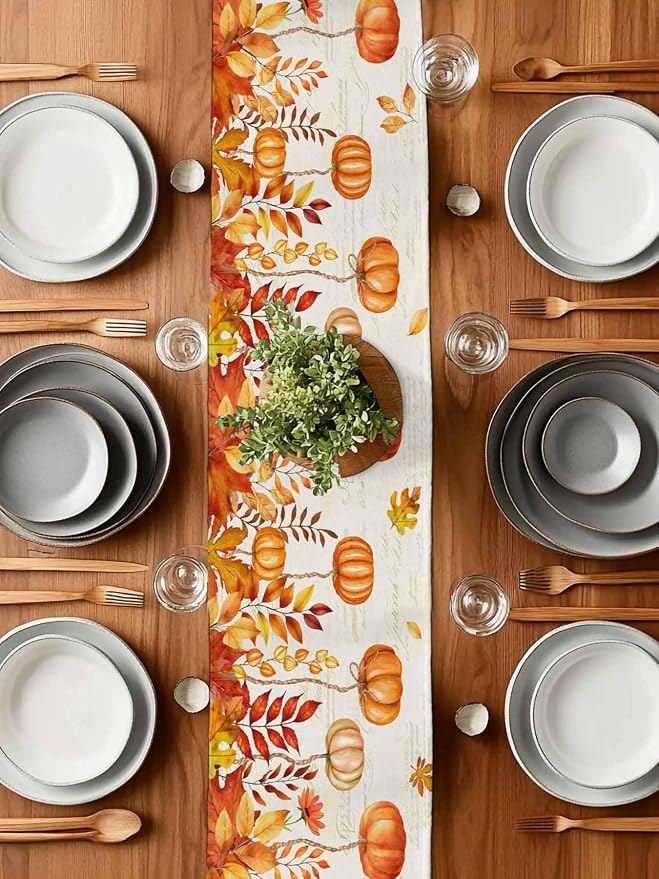 Orange Pumpkin Fall Table Runner 48 Inches Long, Thanksgiving Maple Eucalyptus - Image 7