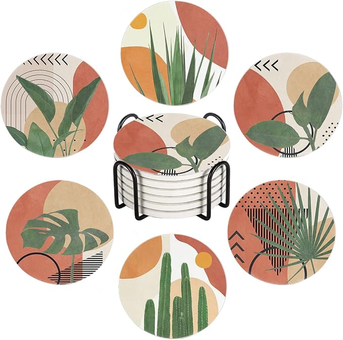 HUXJOKO Coasters for Drinks Set of 6, Modern Boho Tropical Leaves Absorbent by HUXJOKO