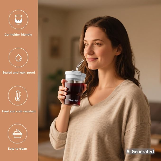 BLUEPOLAR Glass Cups with Lids and Straws, 16oz/480ml Reusable Iced Coffee - Image 6