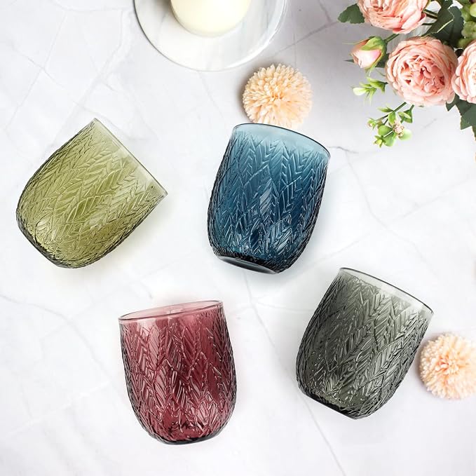 Topsky Vintage Drinking Glass Set of 4, 12 oz Embossed Willow Leaf Drinkware Set - Image 2