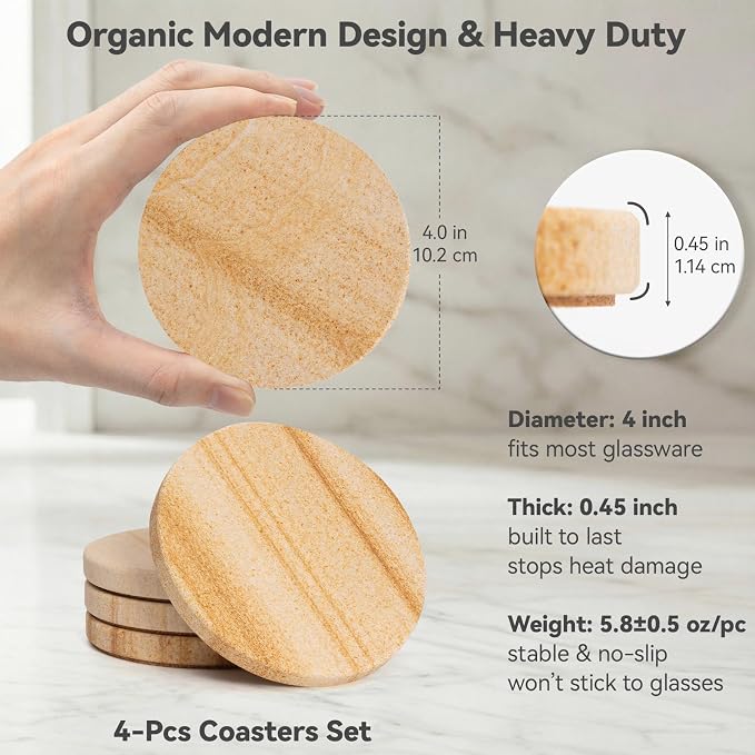 Natural Sandstone Coasters Set of 4, Heat Resistant, Scratch-Resistant - Image 4