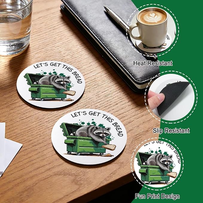 Let’s Get This Bread Drink Cup Holder Coaster Set of 2, Funny Raccoon Dumpster - Image 3