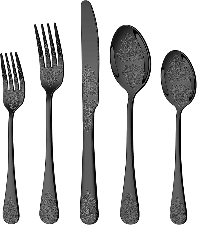 20 Pcs Black Silverware Set for 4, Food Grade Stainless Steel Flatware Set by Lazycorner