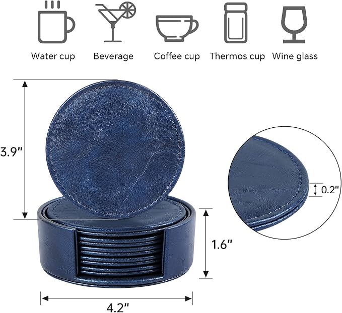 Leather Coasters Set of 6 with Holder, Tabletop Protection, Coffee Table & Bar - Image 4