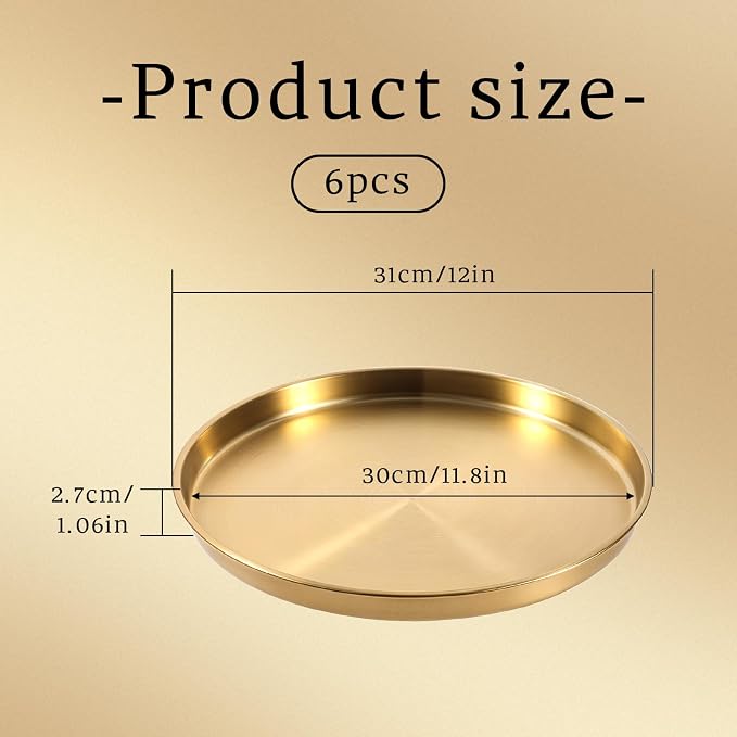 6 Pcs 12 Inch Gold Round Serving Tray, Stainless Steel Circle Decorative Vanity - Image 2