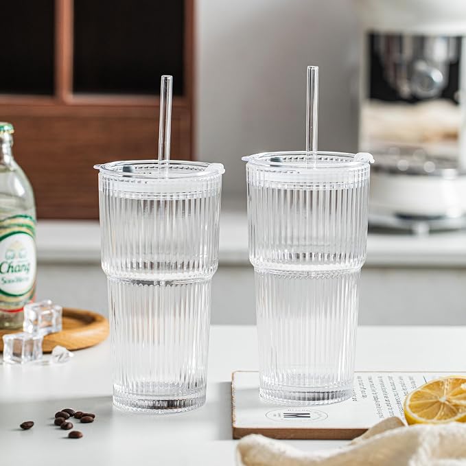 INSETLAN 20 oz Ribbed Glass Tumblers - Image 8