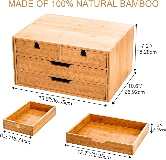 Bamboo Desk Organizer, 100% Natural Bamboo Desktop Drawer Organizer, Tabletop - Image 3