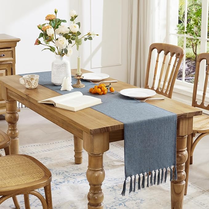 Cotton Linen Table Runner, 13x90 Inch, Dusty Blue - Image 3