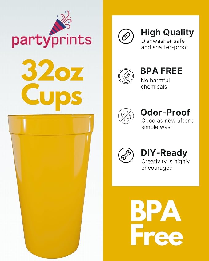 PartyPrints 100 Pack 32 oz Yellow Blank Plastic Cups, Colored Plastic Drinking - Image 2