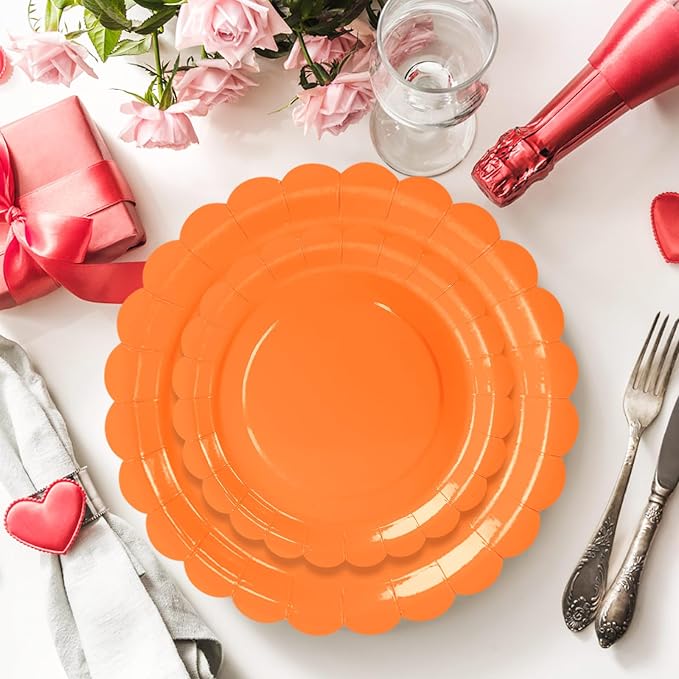 50 Pcs Orange Scalloped Paper Plates 25 × 7'' and 25 × 9'' Disposable Orange - Image 2