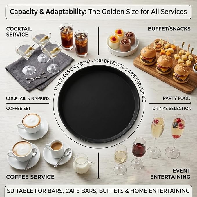 TOPZEA 3 Pack Restaurant Serving Trays, 11 Inch Fiberglass Black Round Tray Non - Image 6