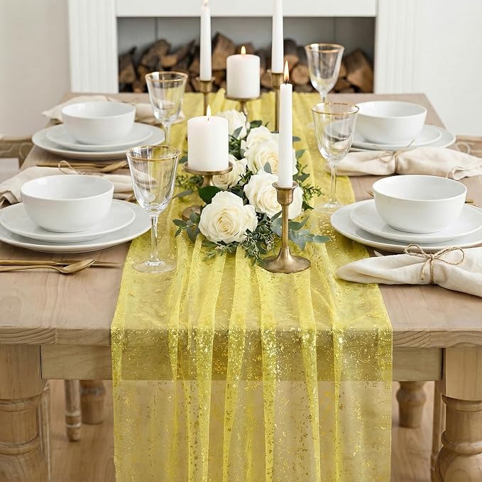 Artoid Mode Light Yellow Gold Gauze Table Runner 59x120 Inch 10FT, Glitter - Image 3