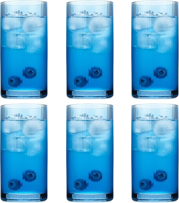 Physkoa Blue Ribbed Drinking Glasses Set of 6 – Vintage Embossed Highball by Physkoa