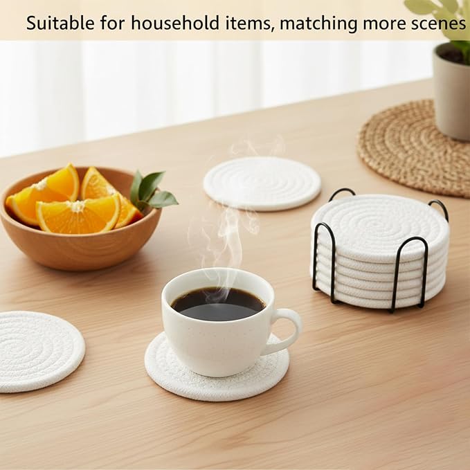 Drink Coasters Set of 8 with Holder, Cotton Woven | Absorbent cotton woven - Image 2