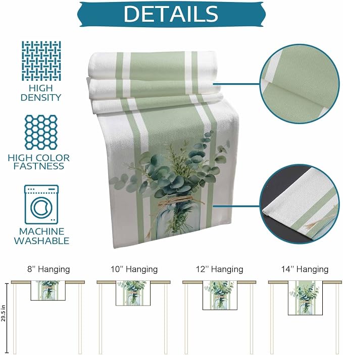 Sage Green Eucalyptus Leaves Table Runners 48 Inches Long, Farmhouse Stripe - Image 8