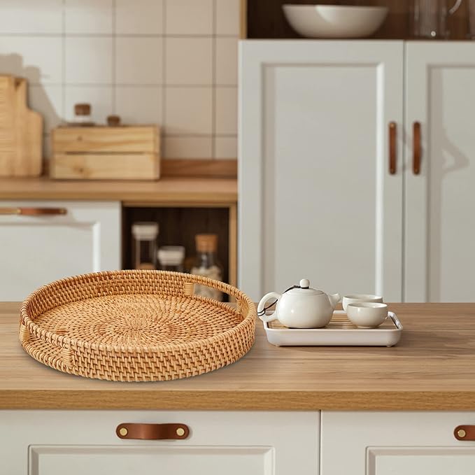 Round Rattan Serving Tray with Handles, Hand Woven Basket, Home Decor Organizer - Image 6