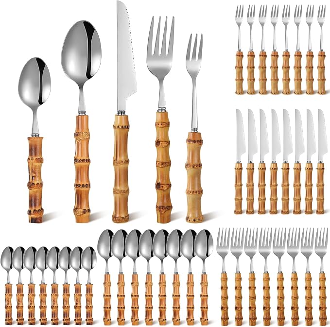 EBOOT 40 Pieces Bamboo Silverware Set 18/8 Stainless Steel Tableware Set by eBoot