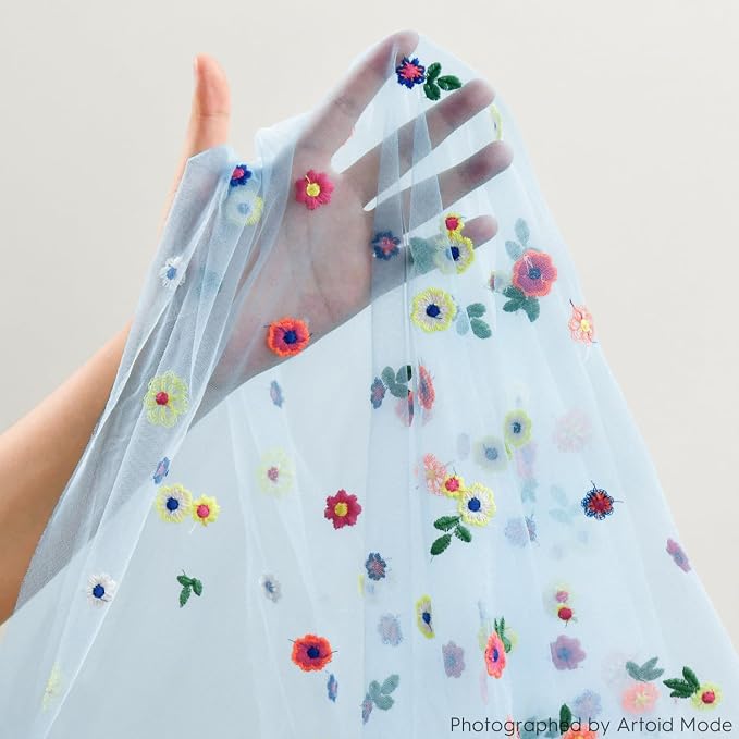 Artoid Mode Sky Blue Floral Gauze Embroidery Table Runner 120 Inch 10FT | Tulle - Image 6