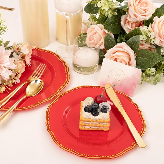 60 Pcs Red Gold Dessert Plates for Christmas | 7.5 inch Heavy-duty Disposable - Image 3