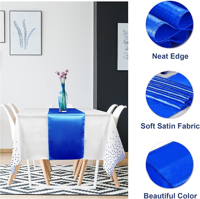 8Pack Disposable Plastic Tablecloths and Satin Table Runner White and Royal - Image 3
