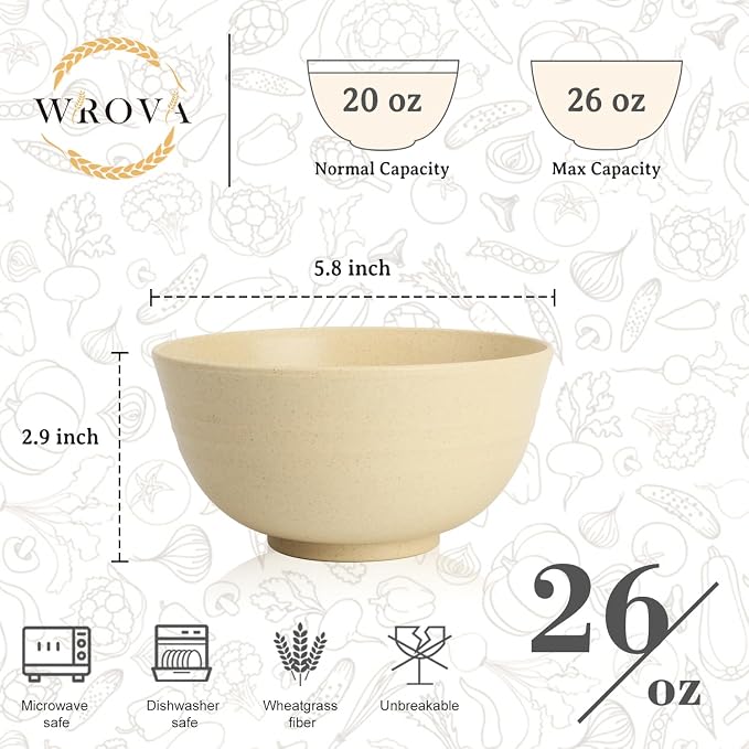 6-piece Wheat Straw Bowls sets 26oz, Alternative Plastic Bowls Reusable - Image 2