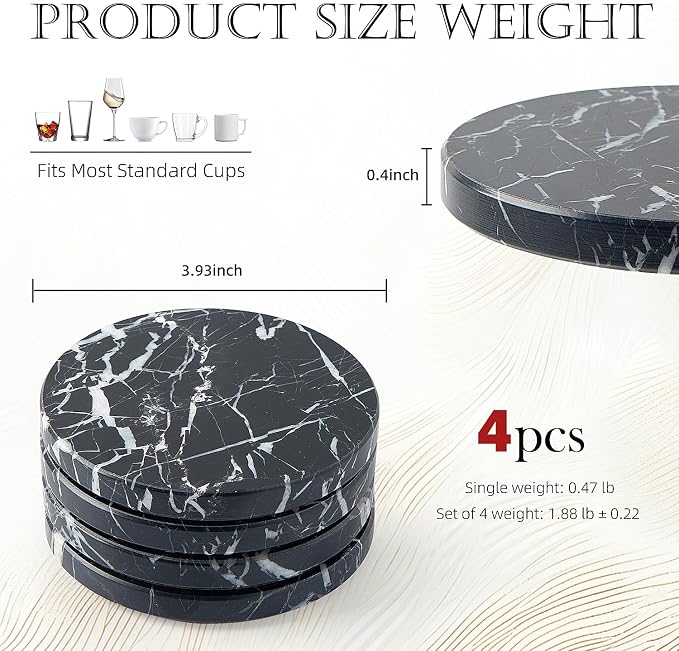 Natural Marble Coaster Set of 4.Round Drinks Coasters, Non-Ceramic/Non-Resin | - Image 2