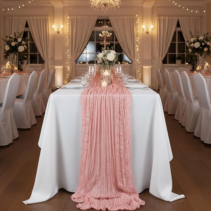3 Pack Peach Pink Cheesecloth Table Runner 120 Inch Boho Wedding Decor | - Image 8