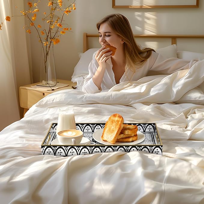 Plastic Serving Tray with Handles, Rectangle Black Decorative Tray | Coffee - Image 6