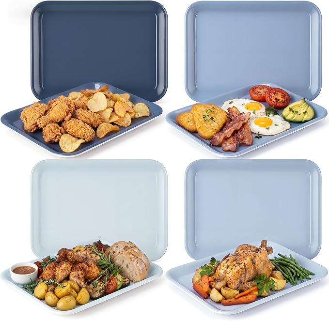 4 Pieces Dusty Blue Serving Trays Nautical Melamine Platters Reusable Rectangle by Tiangrid