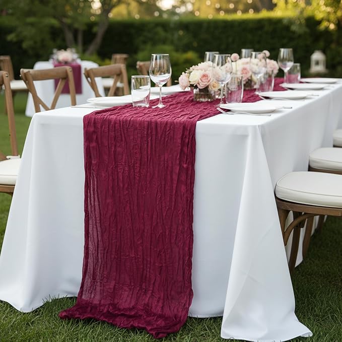 6 Pack Burgundy Red Cheesecloth Table Runner 120 Inch Boho Wedding Decor | - Image 7