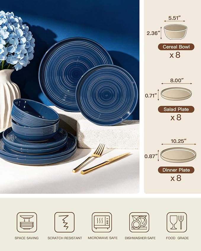 Dinnerware Set for 8, Ceramic Plates & Bowls, Abyssal Blue | 24-Piece Ceramic - Image 6