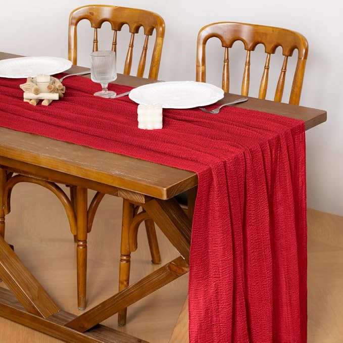 Cheesecloth Table Runner Summer Boho Wedding Shower Party Home Decor | Red 3pcs - Image 4