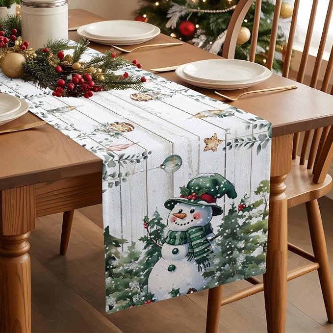 Christmas Snowman Table Runner 48 Inches Long, Xmas Trees Eucalyptus Leaves - Image 3