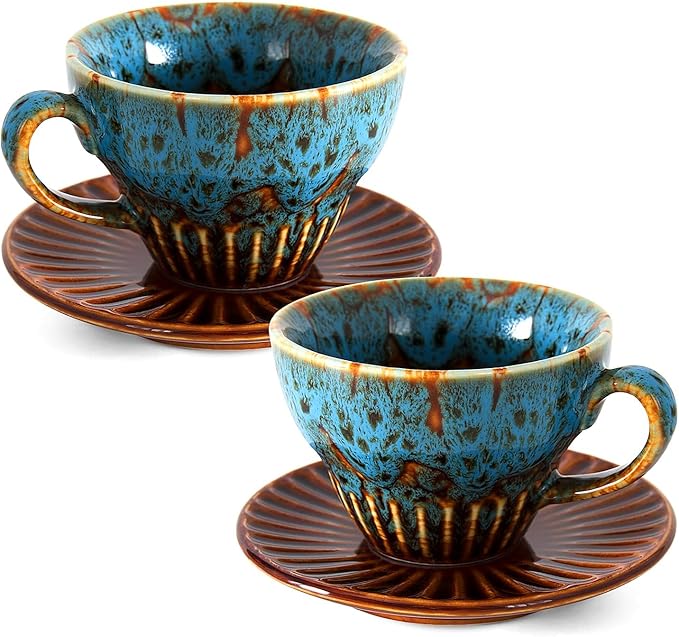 2 oz Espresso Cups and Saucers Set of 2, Ceramic Tea Cup by YINUOWEI