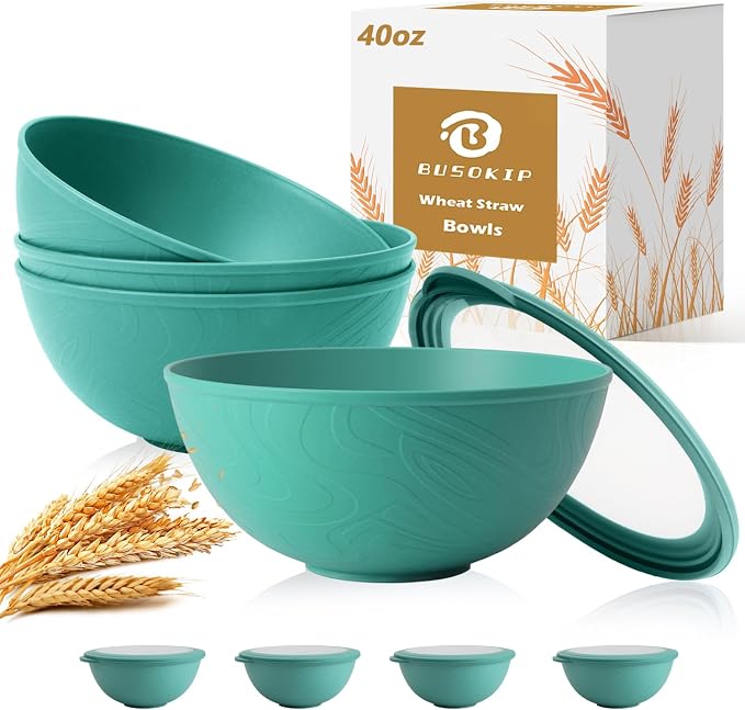 40 OZ Plastic Bowls with Lids, Unbreakable Wheat Straw Bowls Sets of 8 by BUSOKIP