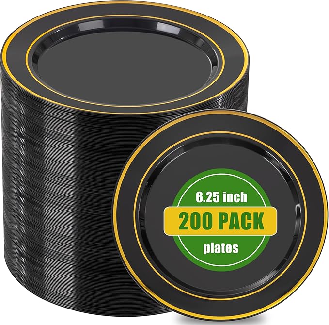 bUCLA 200PCS Black and Gold Plastic Plates by BUCLA