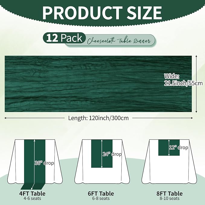 12 Pack Dark Green Cheesecloth Table Runner 10Ft, Christmas Table Runner 21.5 X - Image 2