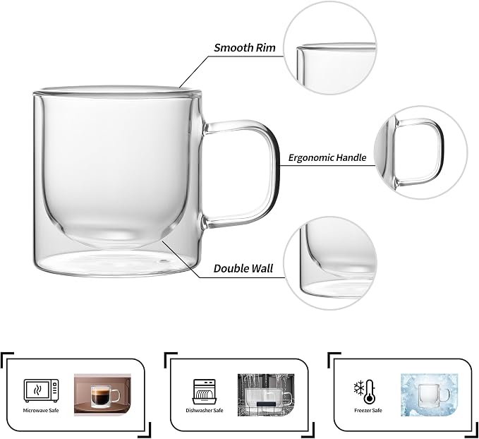 NIRA.Z 12 OZ Double Walled Glass Coffee Mugs Set of 2 Clear Coffee Cups - Image 3